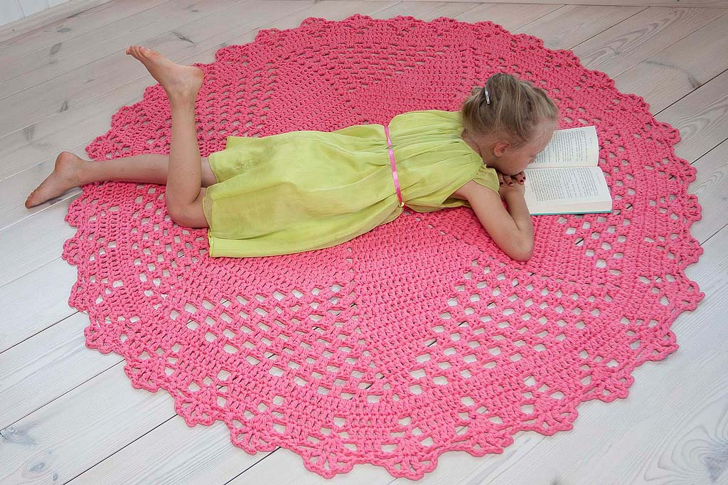 salmon pink crochet doily rug