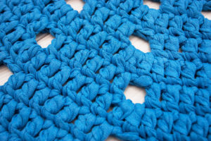 blue crochet round doily rug