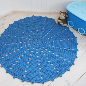 blue crochet round doily rug