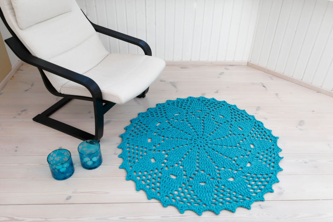 Turquoise blue crochet doily rug