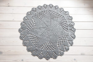 Light grey crochet doily rug