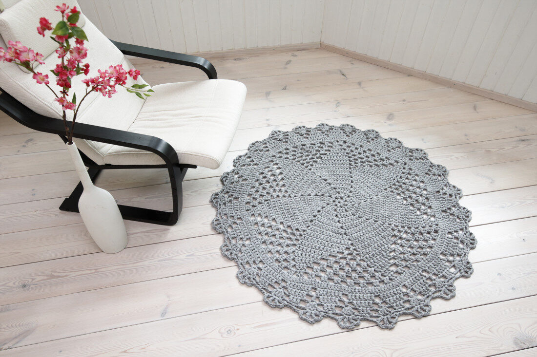 Light grey crochet doily rug